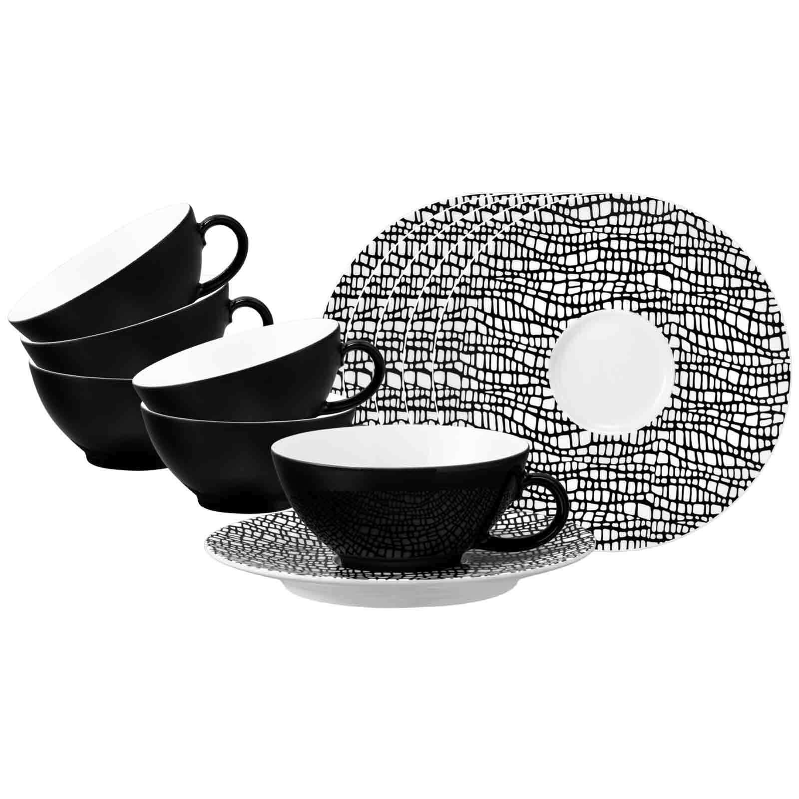 Tasse SELTMANN WEIDEN "Teetassen mit Untertassen Life Fashion 140 ml 6er Set", schwarz (glamorous schwarz), 12 tlg., Porzellan, Trinkgefäße, Tasse