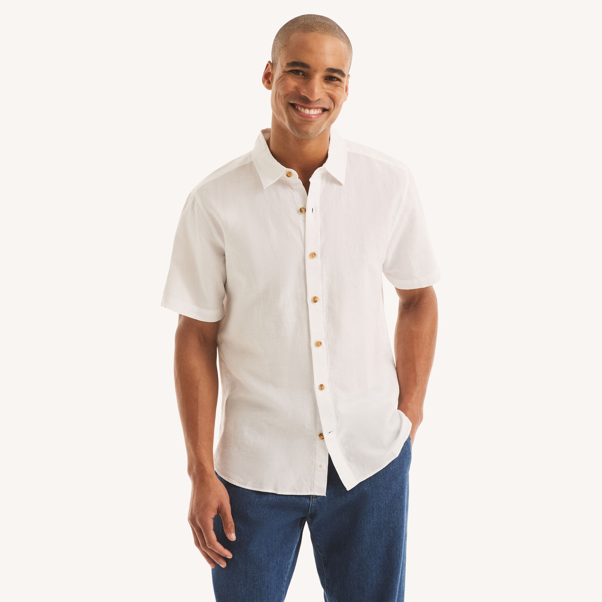 Nautica Men's Linen Short-Sleeve Shirt 101 (Bright White), L