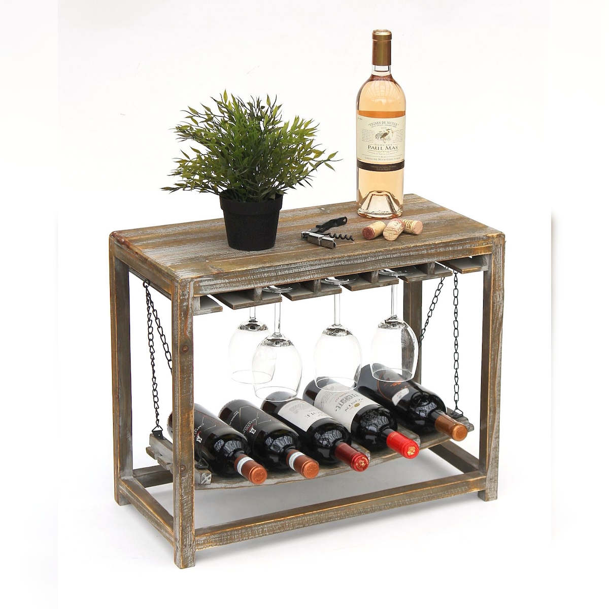 DanDiBo Weinregal Holz Braun mit Ablage 47 cm Flaschenregal mit Glashalter 9202-R Flaschenhalter Weinschrank Regal stehend Image