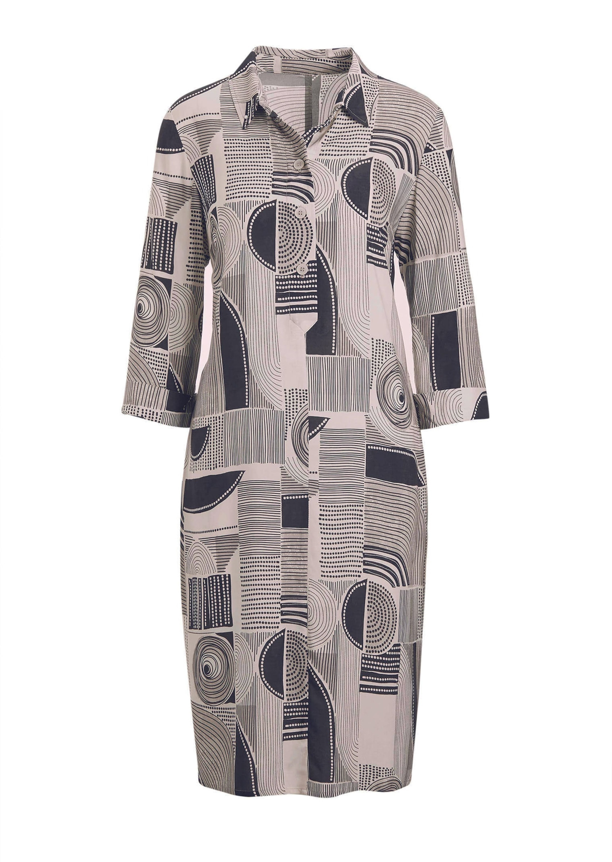 Sommerkleid GOLDNER "Elegantes Hemdblusenkleid mit grafischem Alloverdruck", Damen, Gr. 50, N-Gr, schwarz (schwarz, cremeweiß, gemustert), Obermaterial: 97% Baumwolle CO. 3% Elasthan EL., gerade, Tubular, Kleider Sommerkleid, Ohne