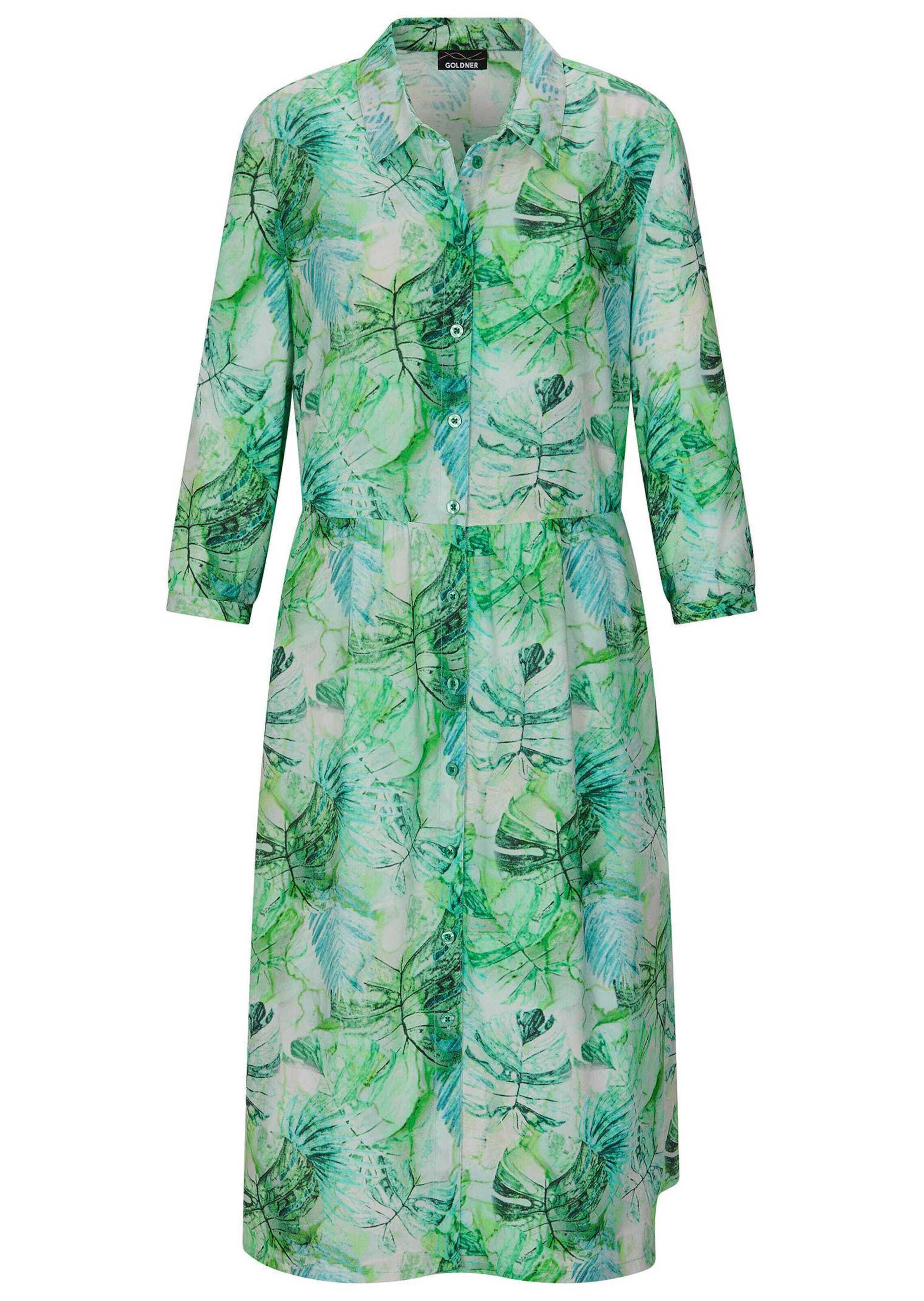 Druckkleid GOLDNER "Kurzgröße Hemdblusenkleid in Midi-Länge", Damen, Gr. 25, K-Gr, grün (grün, gemustert), Obermaterial: 100% Viskose CV., Kleider Druckkleid