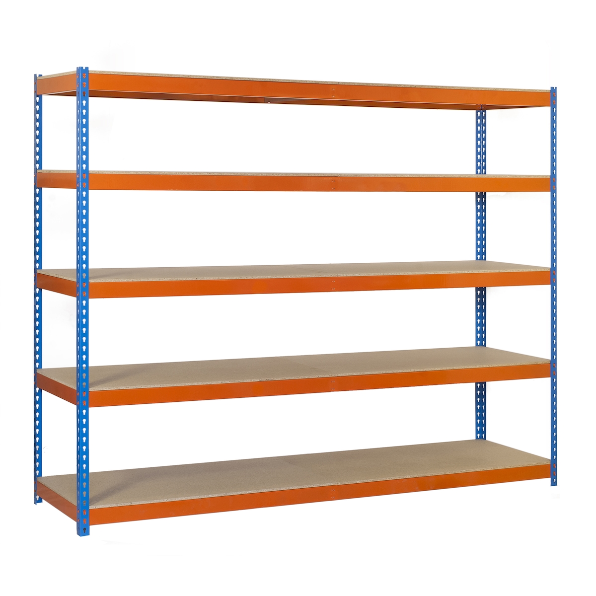 SimonRack Metallregal ohne Schrauben mit Simonforte 5 Regale. Blau/Orange/Holzfarbe 2000x2100x900 mm Image