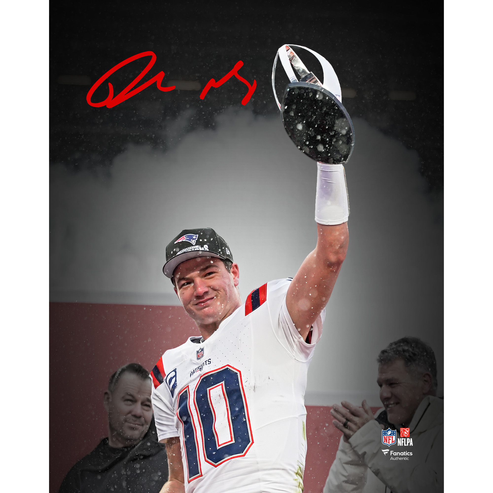 Drake Maye, New England Patriots, signiertes 8" x 10" Foto mit der AFC-Meisterschaftstrophäe 2025 Image