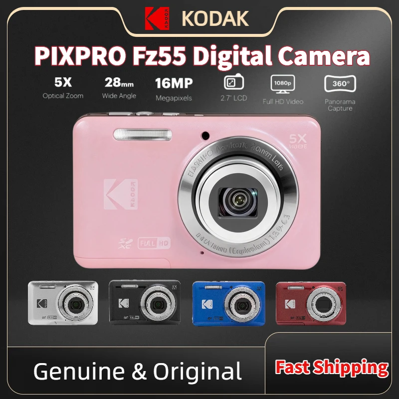 Fotocamera Digitale Originale KODAK PIXPRO FZ55 16MP con Zoom Ottico 5X, Obiettivo Grandangolare 28mm, Video Full HD 1080P, Schermo LCD 2.7" per Vlogging