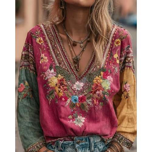 Per donna Camicia Camicie di cotone e lino Camicia Boho Blusa Ricamato Floreale Grafico Bohemien Vintage Elegante Manica Lunga Scollo a V Top Regolari Quotidiano Ferie Uscire Rosa Estate Primavera