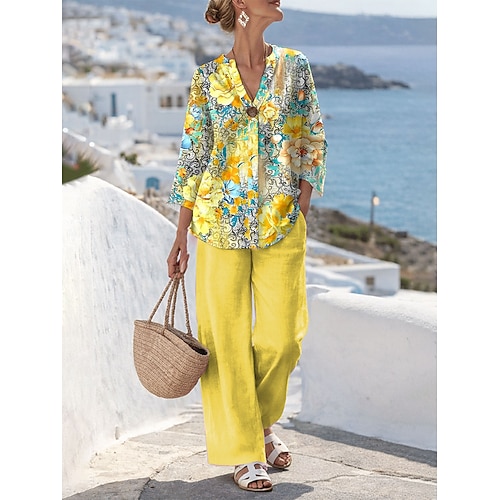 Set in Due Pezzi da Donna in Lino Similare Pantaloni Bolero Top Maniche 3/4 Collo a V Floreale Grafica Paisley Stampa Casual Elegante Quotidiano Vacanza Blu Giallo Viola Estate Vestibilità Regolare