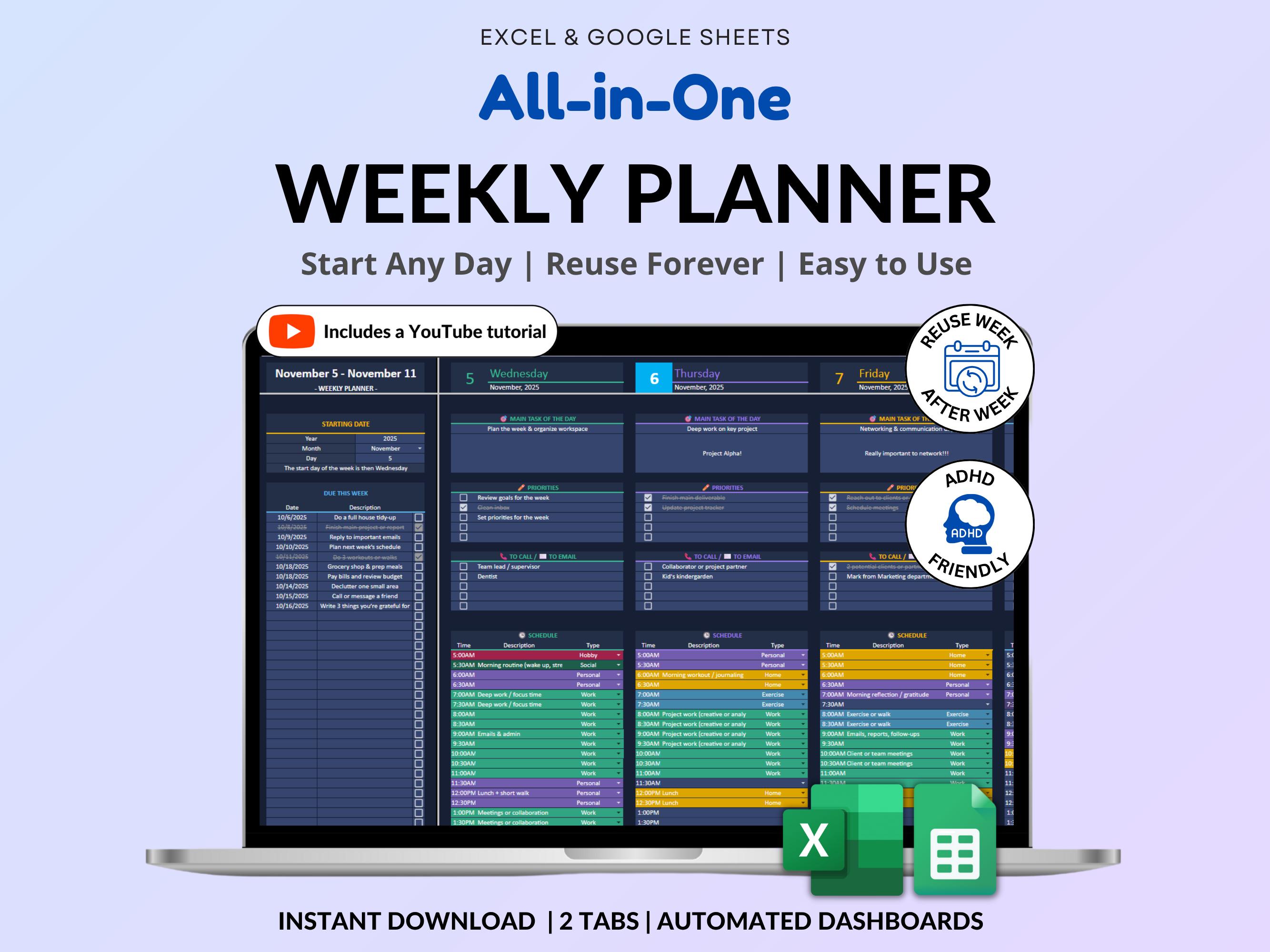 Planner settimanale Tracker attività giornaliere Modalità scura Foglio di calcolo Fogli Google ADHD Planner settimanale Blocco di tempo Excel Elenco d