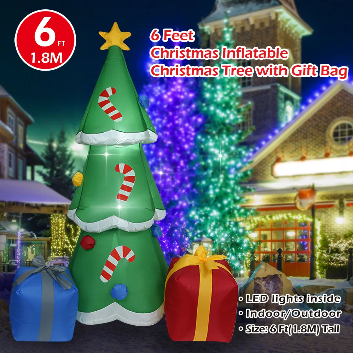 1,8 m aufblasbare Weihnachts-Geschenktüte, Weihnachtsbaum, LED-beleuchtet, aufblasbar, für den Außenbereich, Hof, Rasendekoration für Haus, Garten, Winterparty