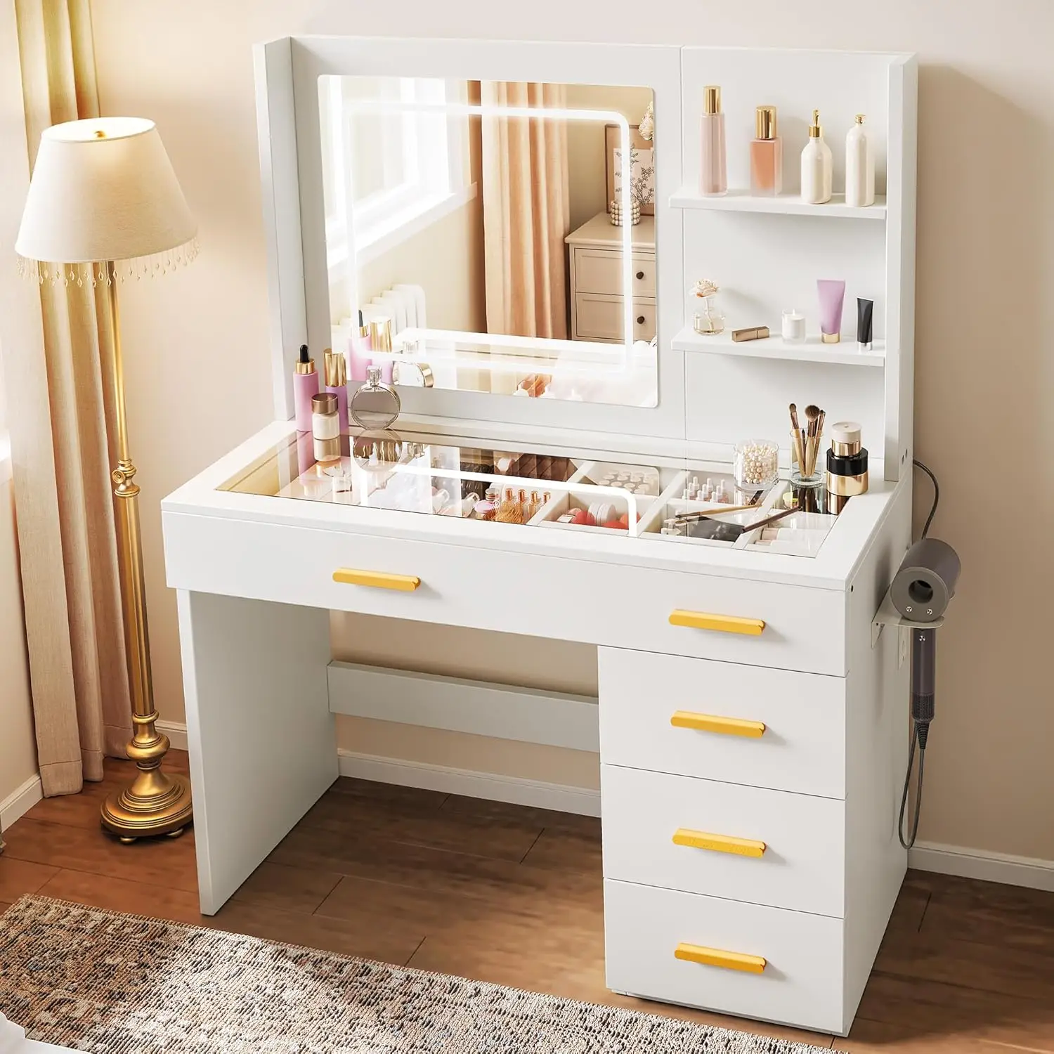 Schminktisch mit Beleuchtung, Schminktisch mit Spiegel, Schminktische mit Hocker, Farben mit einstellbarer Helligkeit, Dressi