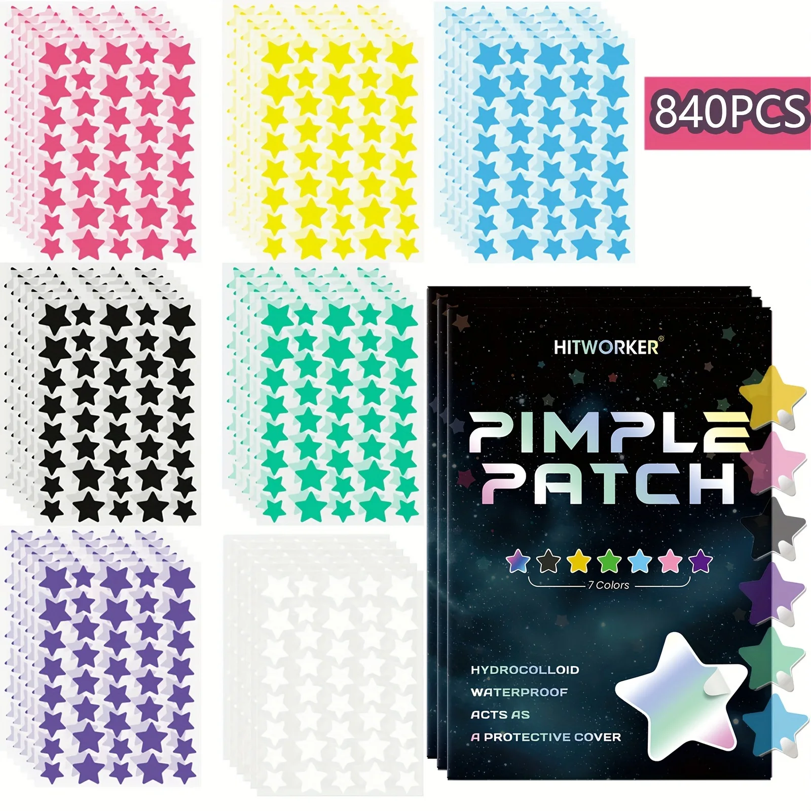 840-Pflaster/Packung, 7-farbiges, sternförmiges Hydrokolloid-Akne-Pickel-Pflaster zur Abdeckung von Zits und Hautunreinheiten, unsichtbarer Spot-Aufkleber Image