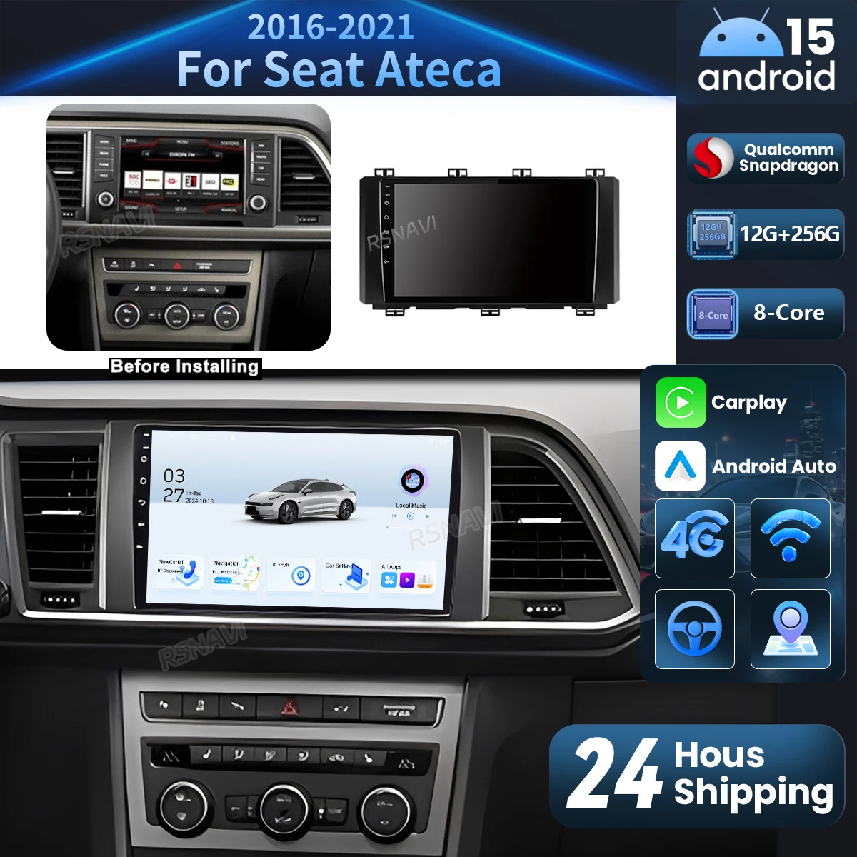 Android 15 Carplay Auto 2K Bildschirm Auto Radio Multimedia Player Für SEAT Ateca Cupra 2016 - 2021 2 Autoradio stereo Snapdragon BT Image
