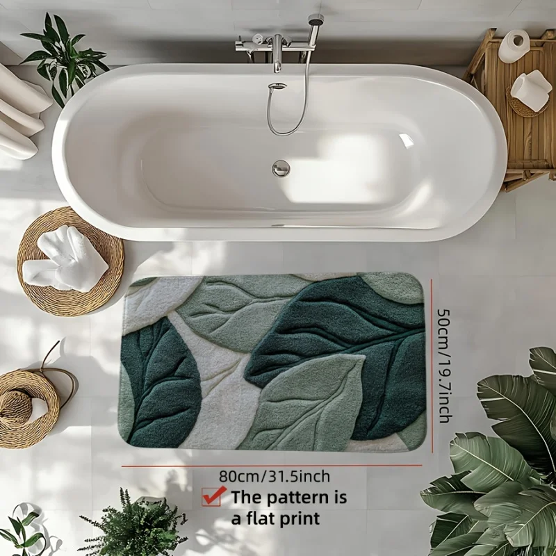 VIKAMA Einfache und frische Badezimmer-Bodenmatte mit grünen Blättern, wasserabsorbierende und rutschfeste Fußmatte für die Heimdekoration Image