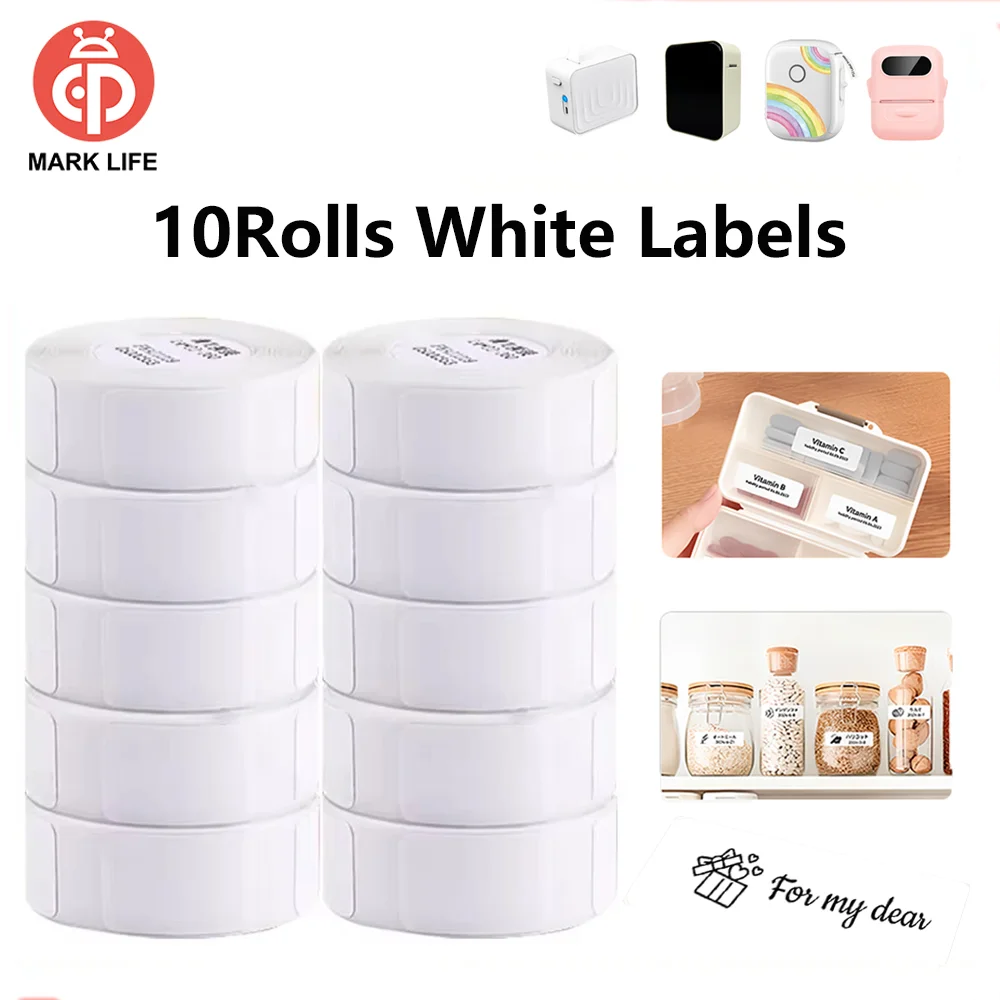 Thermoetiketten-Aufkleber, 10 Rollen, weißes, selbstklebendes, wasserfestes Papier, kompatibel mit P15/M1/P50 für Geschenke/DIY, kreativ/Markierung Image