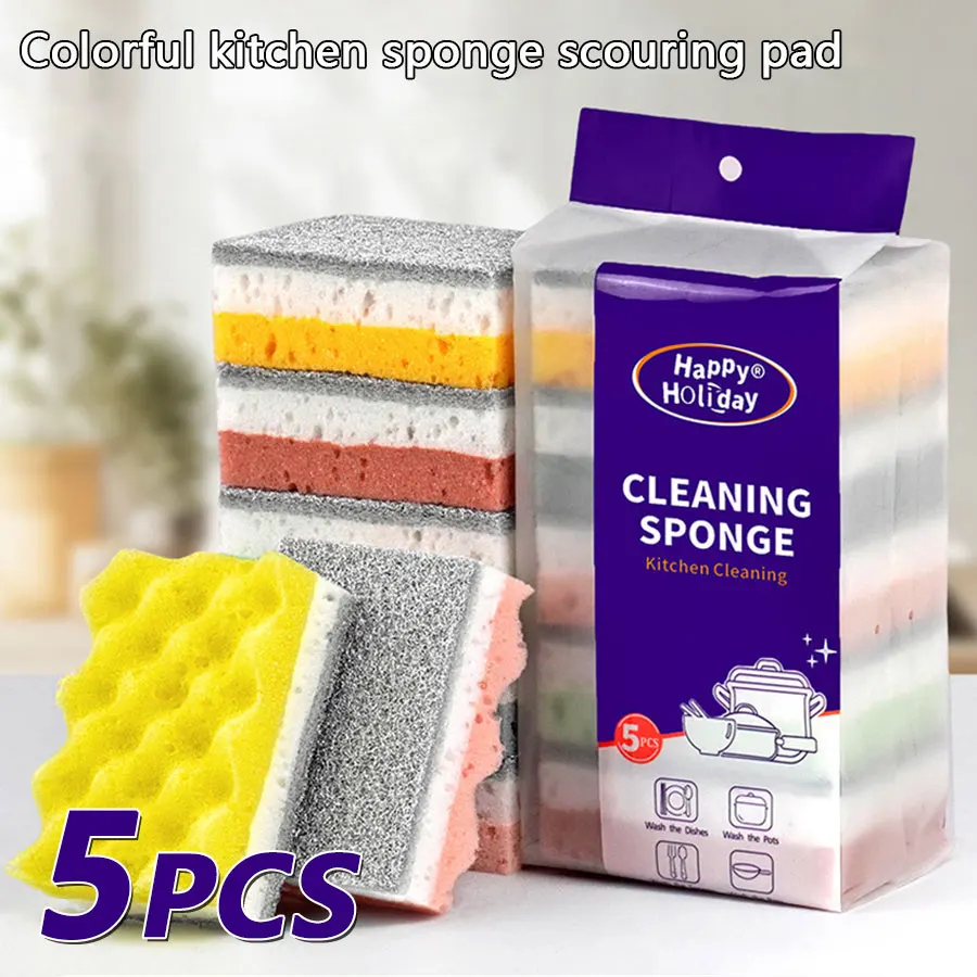 5 Stück, doppelseitiger Küchenschwammreiniger, Geschirrspülbürste, Topfbürste, Scheuerschwamm, Haushaltsreinigungswerkzeug Image