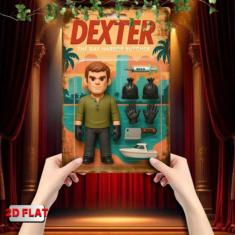 2D Flat, 1 Stück Dexter Actionfigur mit Zubehör – Retro-Wanddekoration aus Metall, 20,3 x 30,5 cm, rustikales Eisenschild für Männerhöhle, Garage und B Image
