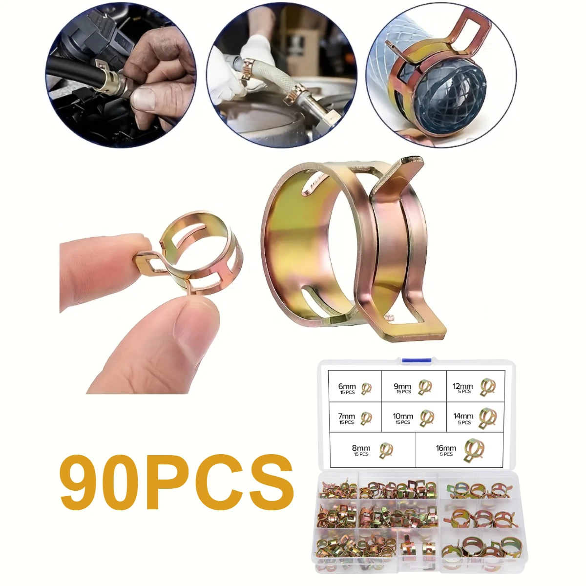 90-teiliges Hochleistungs-Federschlauchklemmen-Set, 6mm-16mm Verstellbare Bandklemmen für Kraftstoff- und Luftleitungen, Langlebige Metallbefestigungen Image