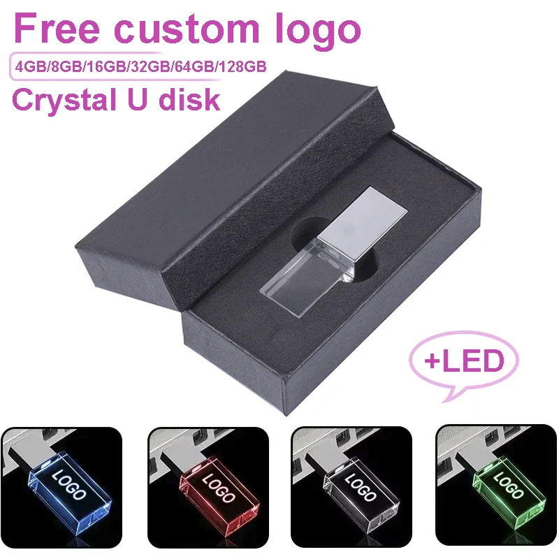 JASTER Black Box & Crystal USB 2.0-Flash-Laufwerke 128 GB mit LED-Licht Memory Stick 64 GB Pen Drive Kostenloses Logo Kreatives Geschenk U Disk Image