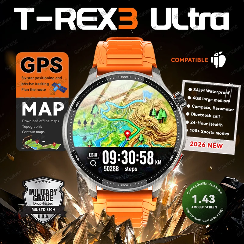 Neue T-Rex3 Ultra 4GB Speicher GPS Sport-Smartwatch Offline-Karte 1,43 Zoll AMOLED-Display 3ATM Schnellladung Fitness-Anruf-Smartwatch Image