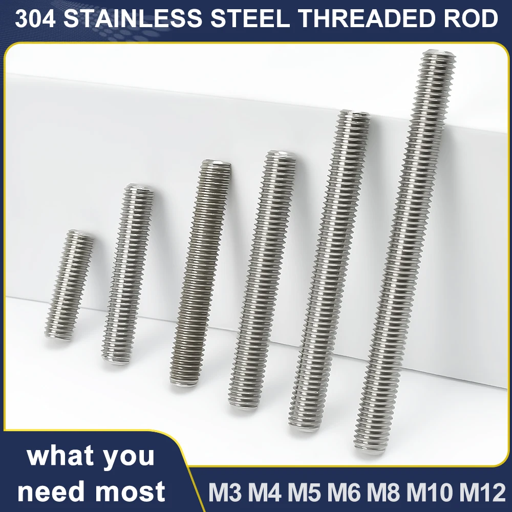 M3 M4 M5 M6 M8 M10 M12 304 Edelstahl Vollgewindestangen Bolzen Länge 16mm-500mm Vollmetrische Kopflose Gewindestangen Schrauben Image