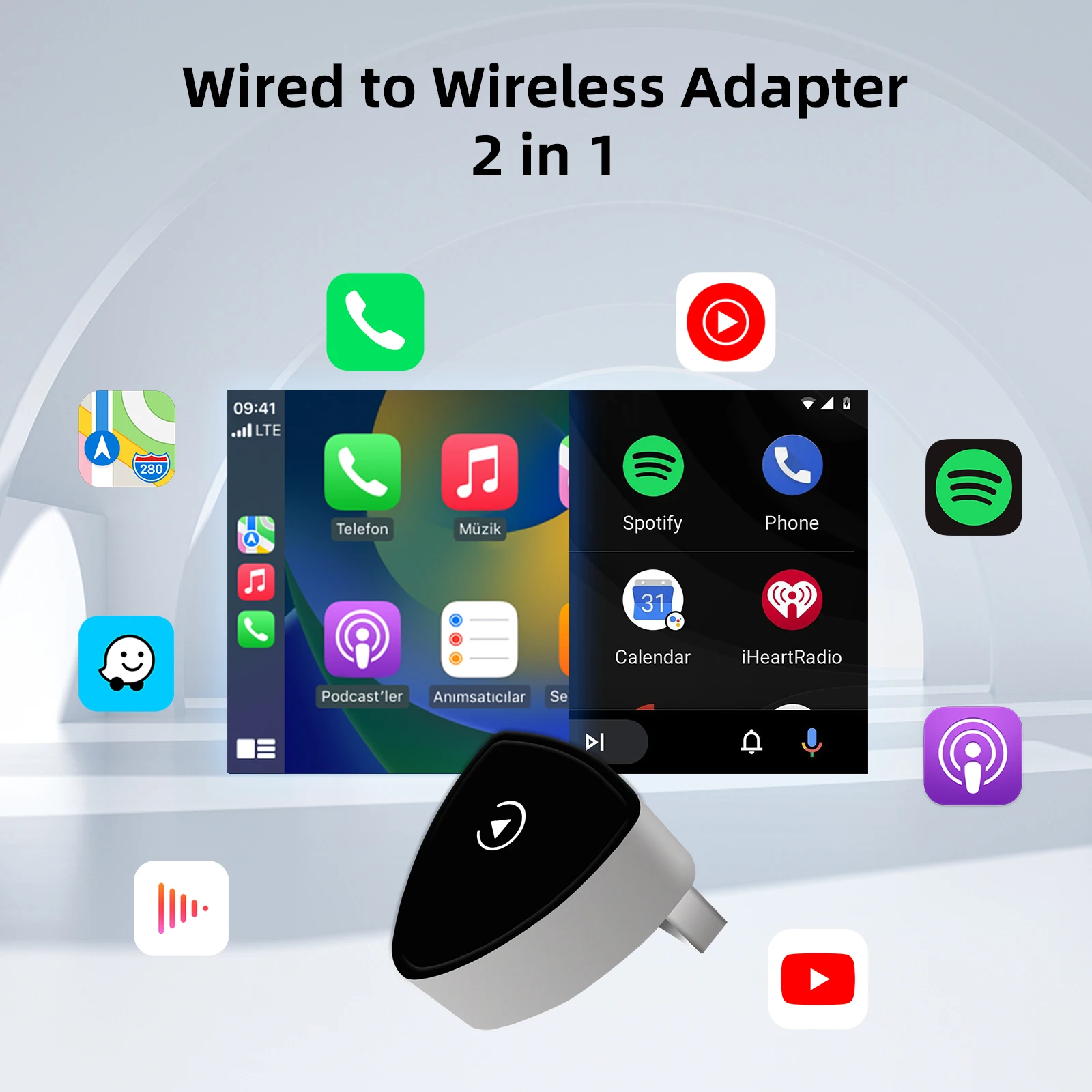 EzoneTronics Kabelloser CarPlay- und Android Auto-Adapter für werkseitig verkabelte Fahrzeuge, kabelloses CarPlay & Android Auto 2 in 1 Image