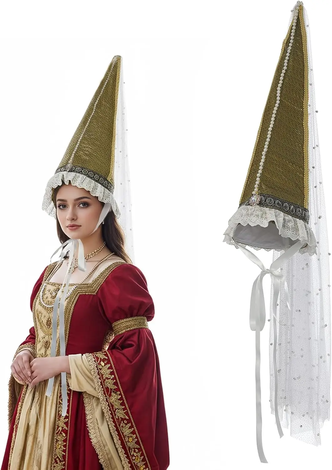 Mittelalterlicher Hennin-Hut mit Schleierkegel, spitzer Hut, Renaissance-Clown, Hexe, Cosplay, Halloween-Zubehör Image