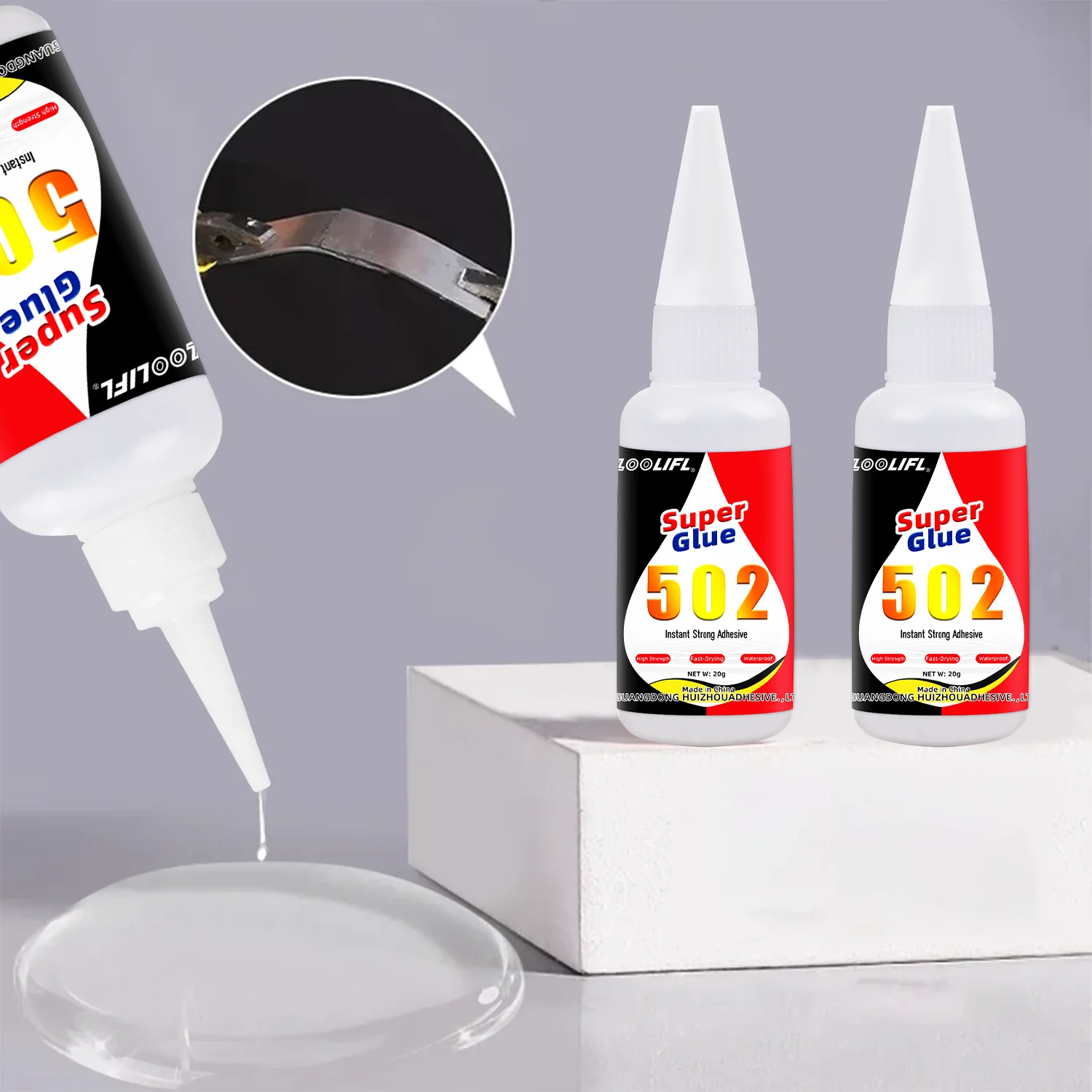 Superkleber, Cyanacrylat 502, hochfester, sofort trocknender Kleber, geeignet für Metall, Kunststoff, Holz, Keramik, PVC, 20g transparent.