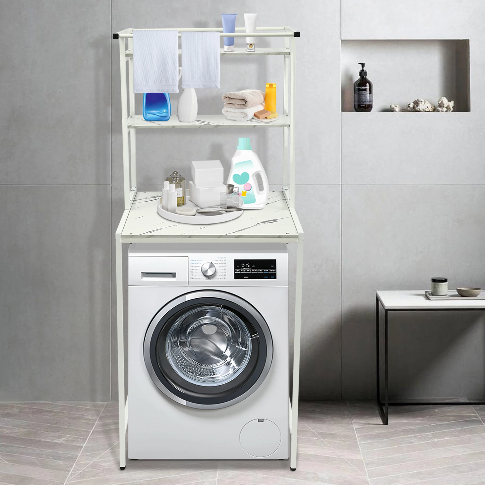 3-stufiges Badezimmer-Waschmaschinenregal, Waschmaschinenregale, bodenstehend, Badezimmer-Aufbewahrungsregale, Badezimmerschrank, Gummifüße