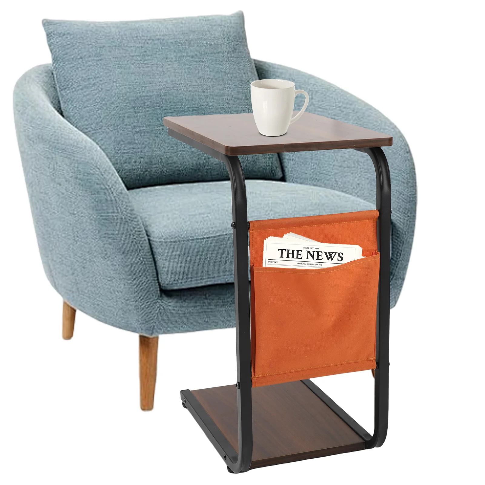 C-förmiger Sofa-Arm-Ende-Beistelltisch, Beistelltisch, doppelschichtig, offener Stauraum, bewegliche Rutsche unter dem Sofa-Tablett, Schreibtisch