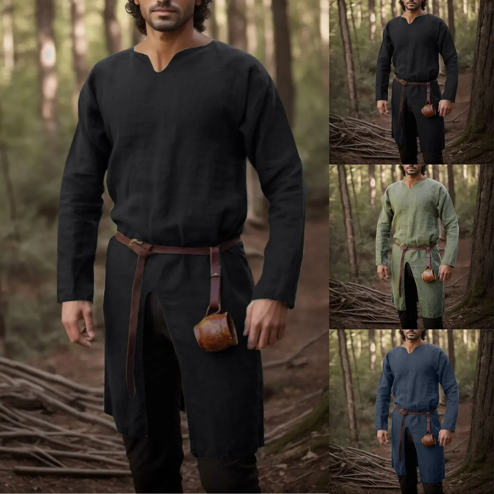 Mittelalterliche Renaissance Retro Leinen Hemd Tops Tunika Männliche Lange Roben Kleid Vintage Jacken Ritter Wikinger Piraten Cosplay Kostüme Image