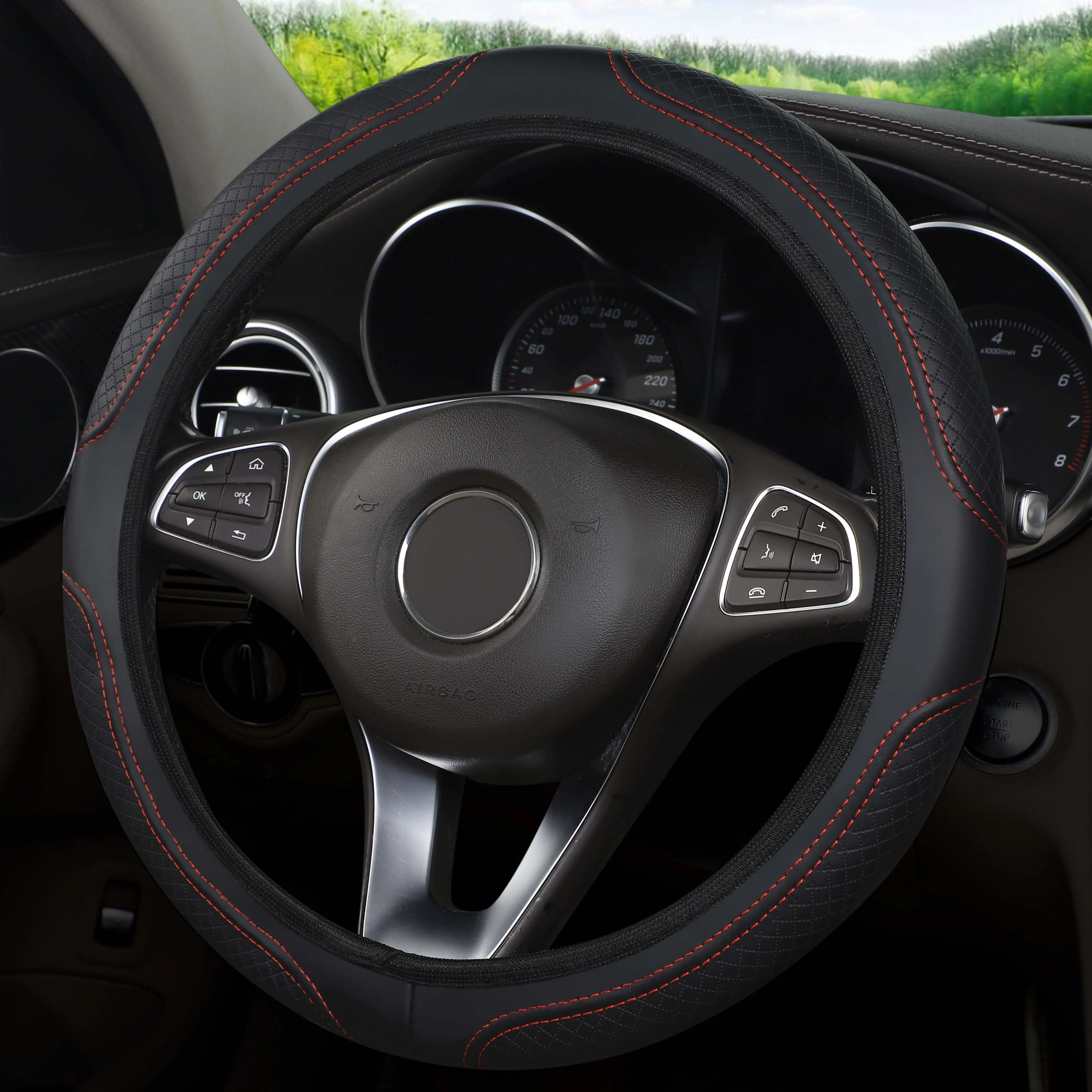 Die Auto-Lenkradabdeckung hat keinen Innenring. Lenkradabdeckung, rutschfest, atmungsaktiv, universelles Mikrofaser-Leder Image