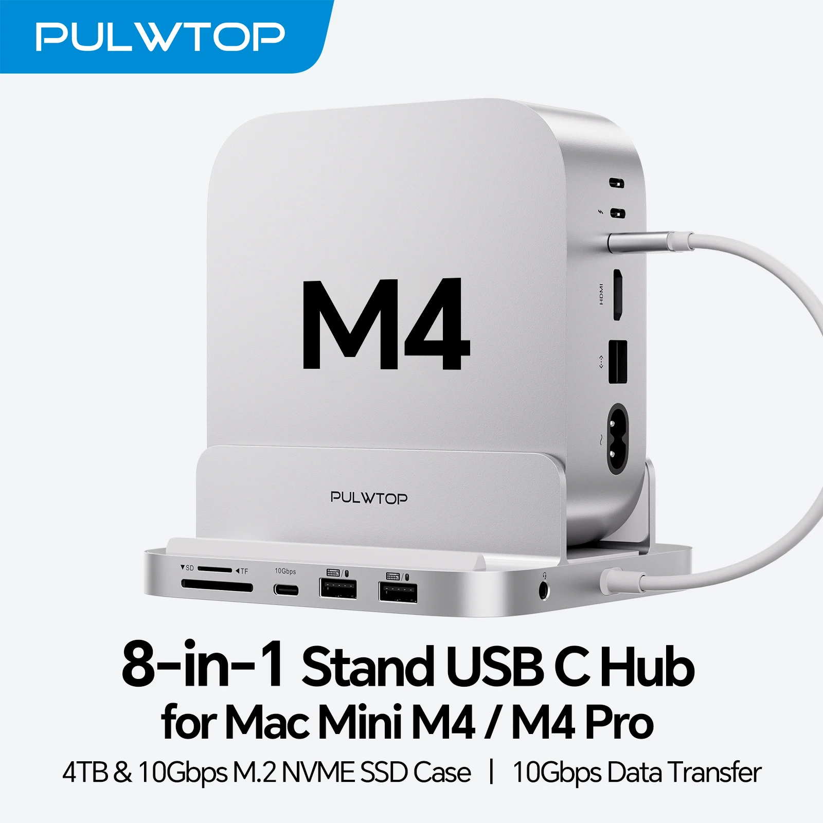 PULWTOP Mac mini M4 Hub mit 4TB M.2 SSD-Gehäuse (SSD NICHT enthalten) mit USB-A/C 3.2 10Gbps, USB-A 2.0, Audio, SD/TF-Steckplätzen Image
