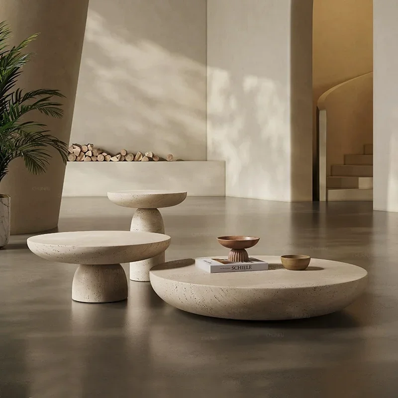 Moderner Couchtisch aus Travertin-ähnlichem Zementmaterial für Wohnzimmer, Restaurant Image