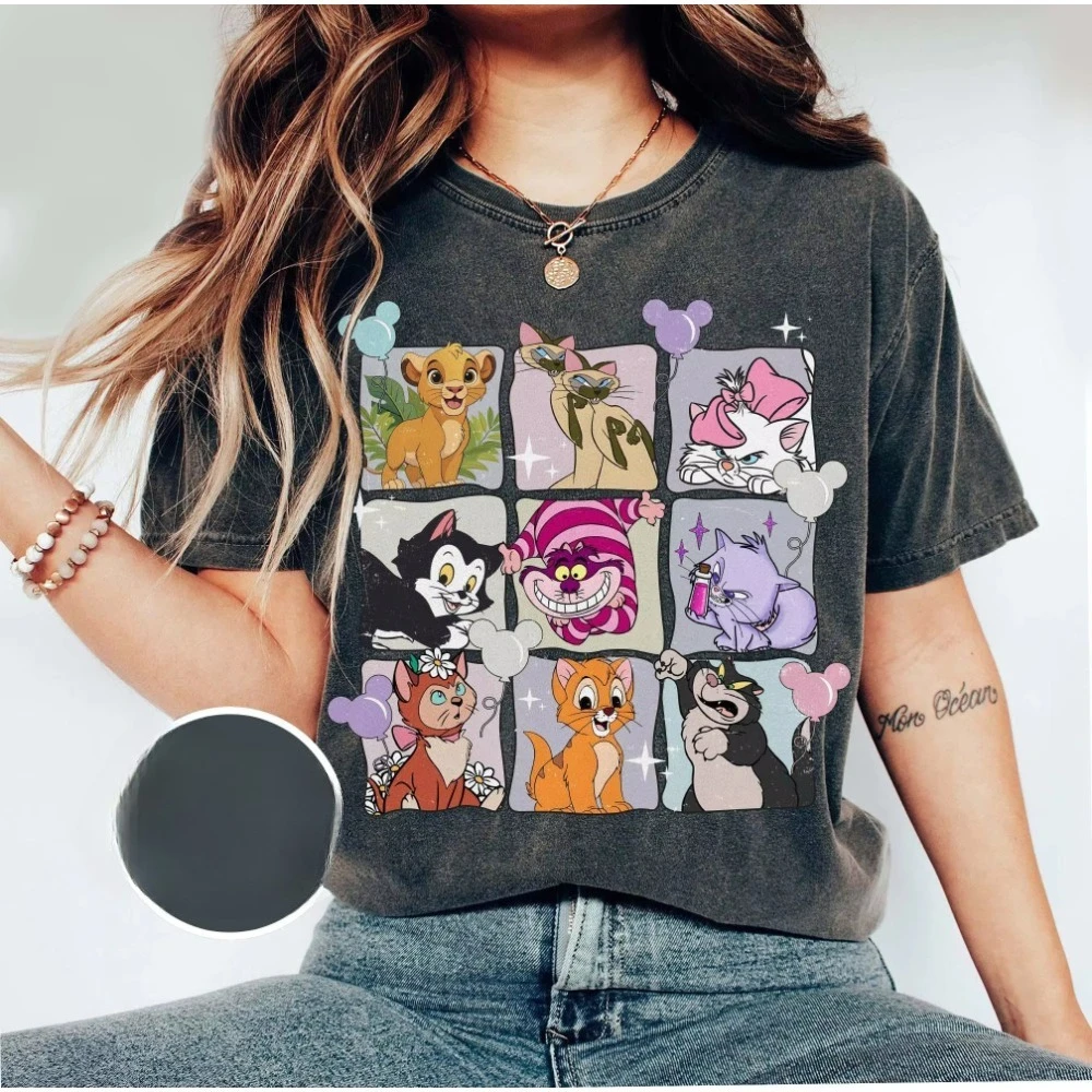 Retro Disney Katze Mickey Ballon T-Shirts Chesley Katze Luzifer Isma Katze Katze Abenteuer T-Shirts Disney Katzenliebhaber Eltern-Kind-T-Shirts Image