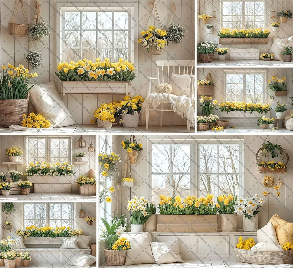 Mehofond Fotografie Hintergrund Frühling Ostern Boho Weiß Zimmer Fenster Blumen Kinder Geburtstag Porträt Dekor Hintergrund Foto Studio Image