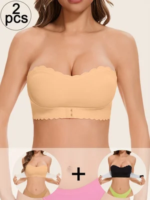 【2 Stück】 Sexy Unterwäsche für Damen, One-Shoulder-BH mit Knöpfen vorne, nahtloser Push-up-BH ohne Bügel Image