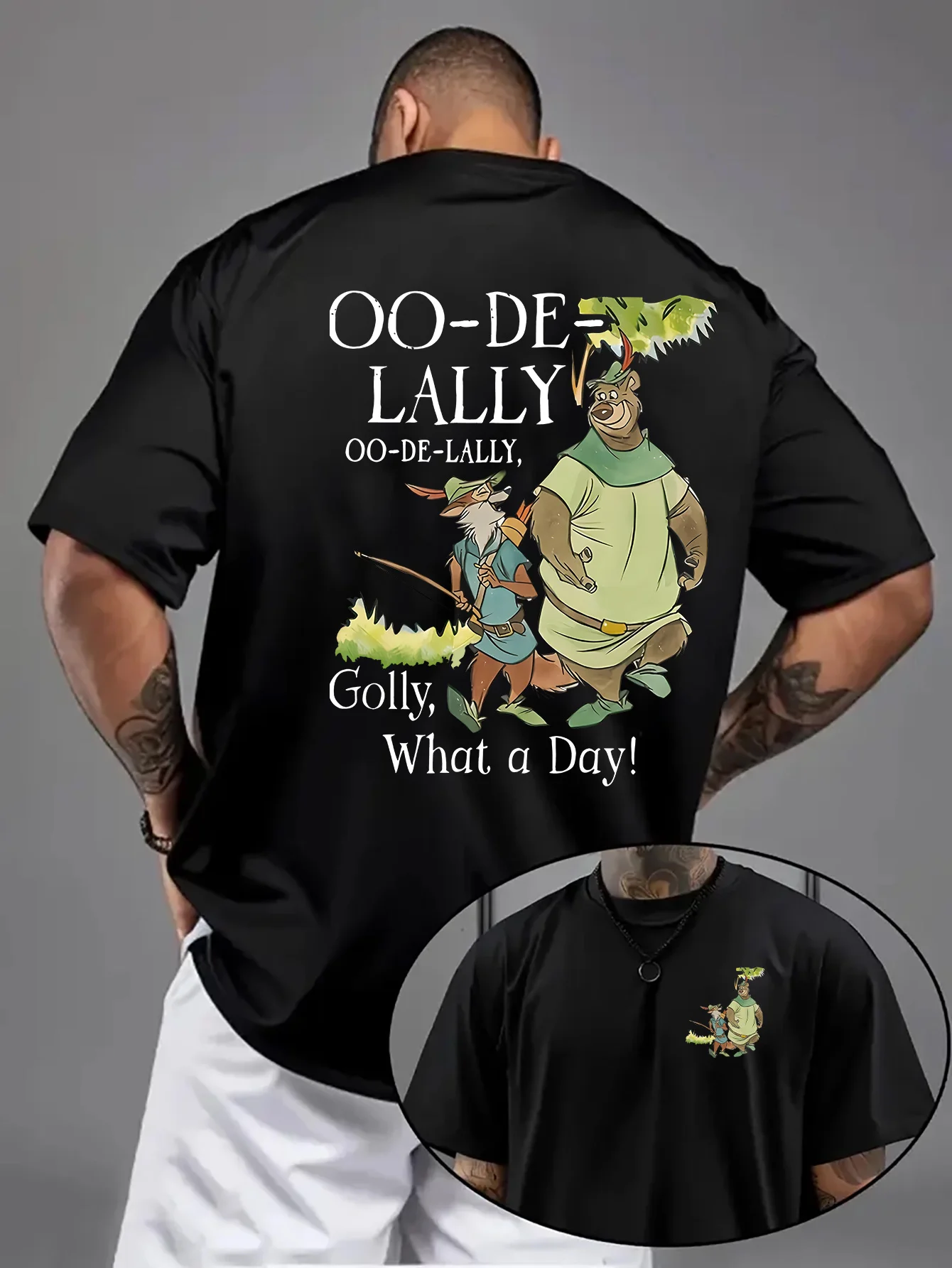 Disney Robin Hood und Little John Oo-De-Lally T-Shirt mit übergroßem Aufdruck für Erwachsene und Kinder, Familie, Sommer, schnell trocknend, weich, bequem, leicht Image
