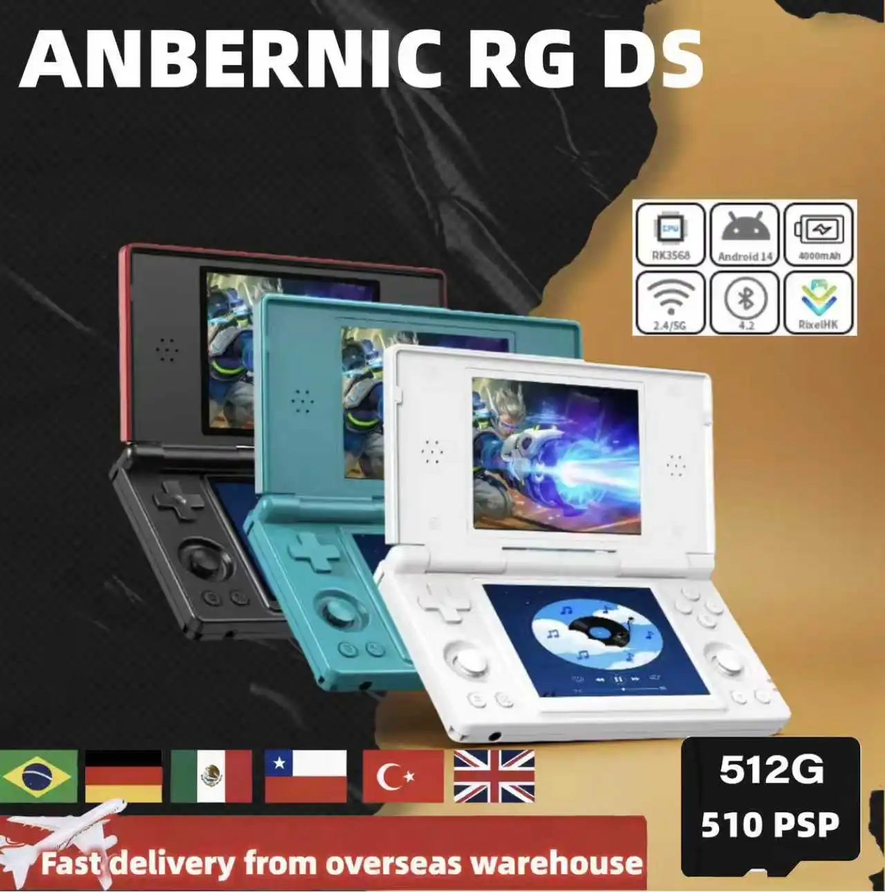ANBERNIC RG DS Handheld-Spielkonsole mit Doppelbildschirm, Klapp-Videospielgerät, RK3568 64-Bit, 4-Zoll-Multi-Touch-Display, Android 14 RGDS Image