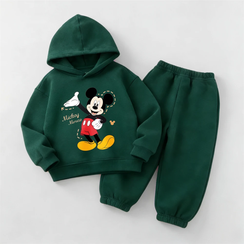 Einfarbiger, schlichter, modischer Kinder-Kapuzenpullover-Anzug, Disney-Cartoon-Mickey, langärmeliger Kapuzenpullover + Jogginghose für Kinder, 2 Stück/Set Image