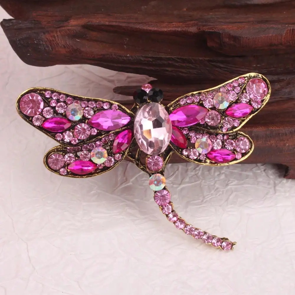 Vintage Goldton-Rosa Strass-Libellenbrosche, Retro-inspiriertes Luxuriöses Insekten-Design, für Alltagsoutfits & zum Verschenken Image