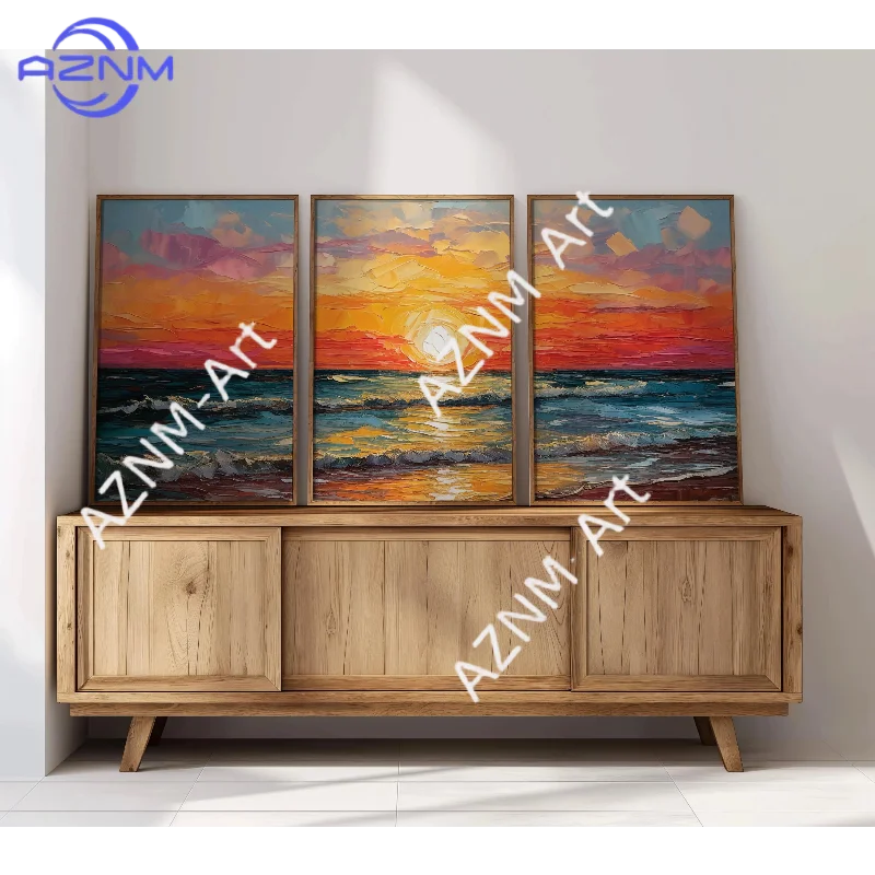 1/3-teiliges Sonnenuntergang am Strand Wandbild 3er-Set - Impressionistisches Ölgemälde, Ozean-Sonnenuntergang-Kunst, Beruhigende Dekoration für Zuhause Image