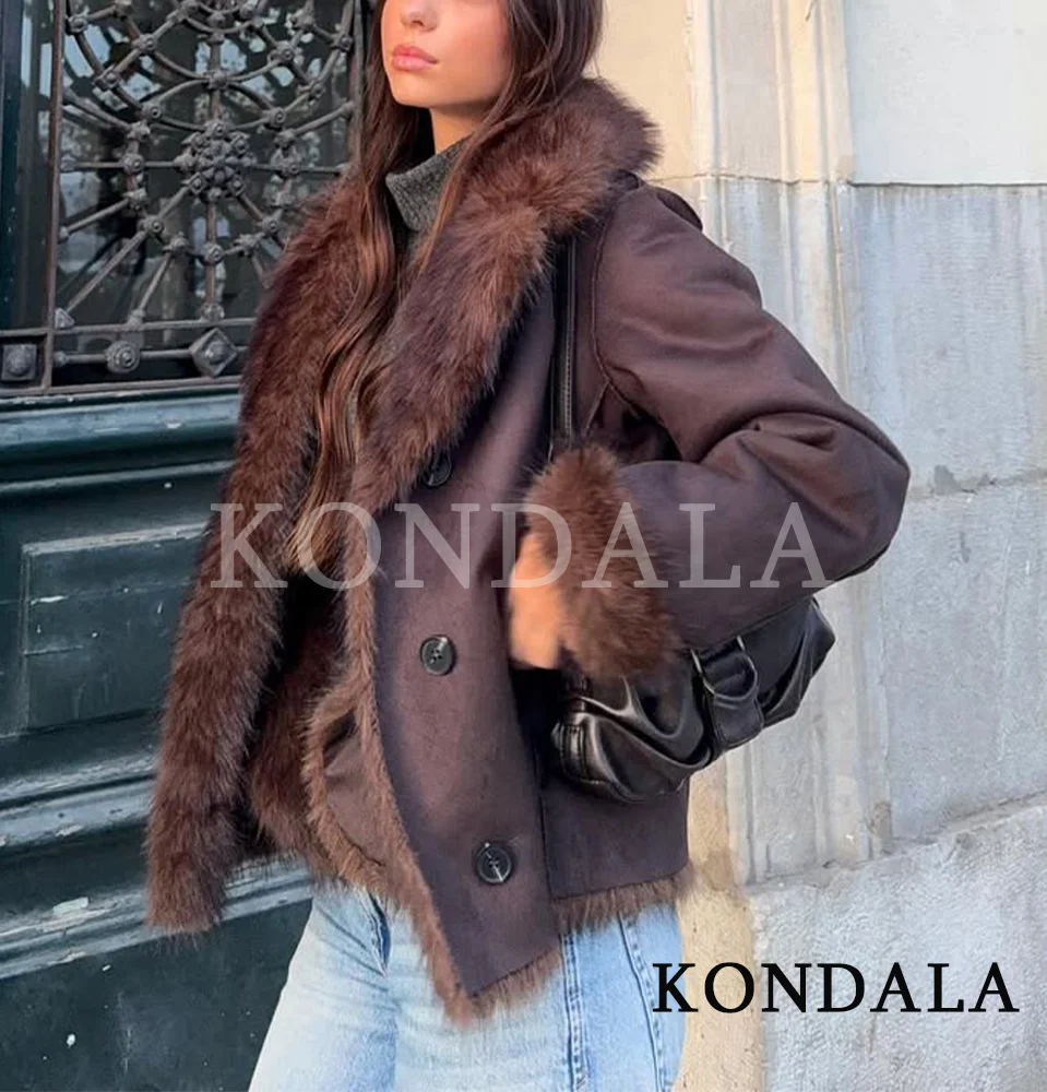 KONDALA Winter Vintage Pelz Wildleder Jacke Mantel Damen Casual Braun Knöpfe Kunstpelz Jacke 2025, Mode Eleganter Retro Damen Mantel