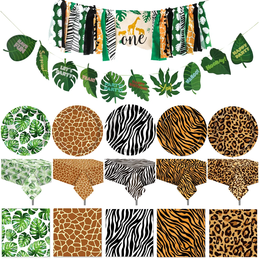 1 Satz Wald Tier Leopard Tiger Druck Platte Tischdecke Servietten Wald Banner Dschungel Safari wild eine Geburtstags feier Dekoration Image