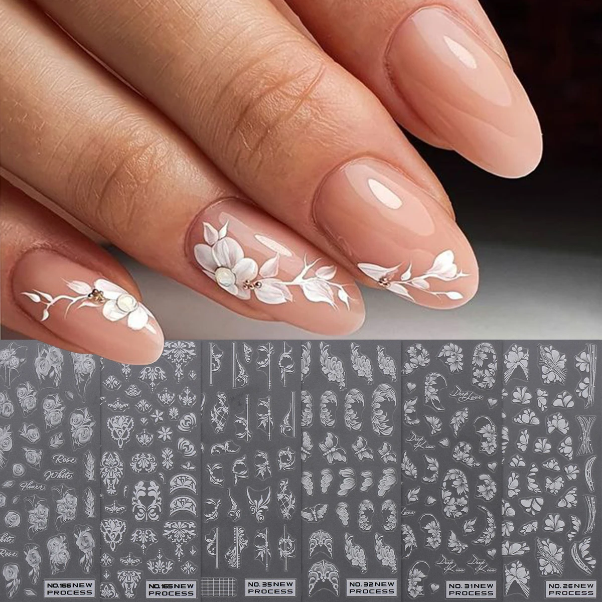 6 Frühlings-Nagelaufkleber mit frischen weißen Blumen, einfach für Nageldekoration, Heimwerken, Geschenke, Partys und Hochzeits-Make-up und Styling geeignet Image