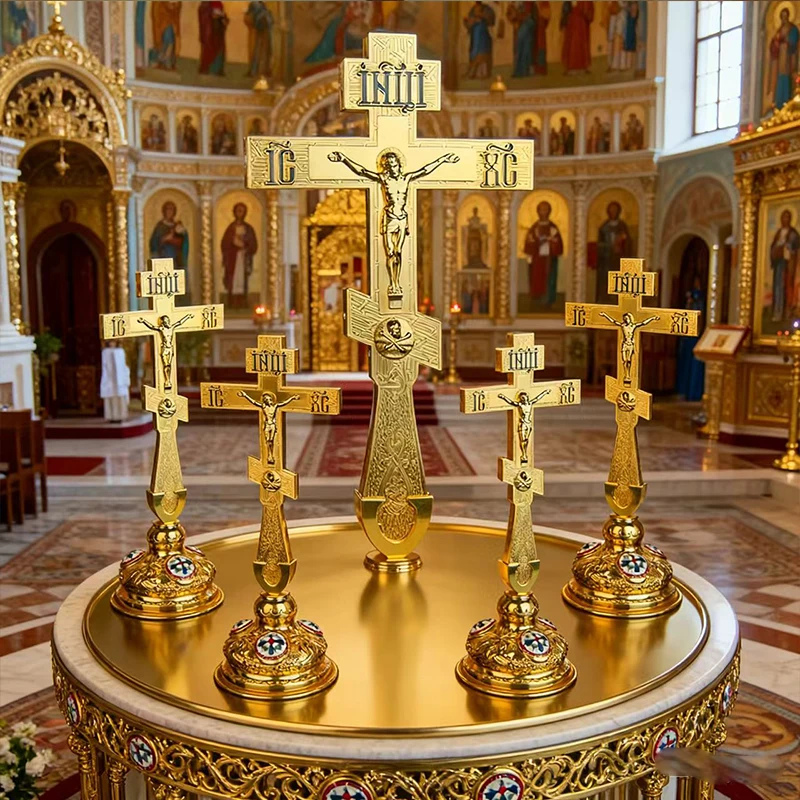 Neu 2026 Orthodoxes Kirchenaltar-Kreuz Jesus-Kruzifix mit Emaille Handkreuz mit Sockel Religiöses Geschenk & Kirchen-Heimdekoration