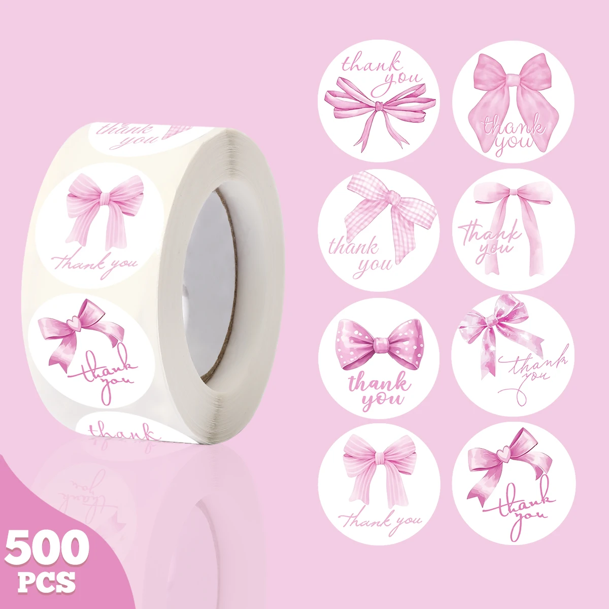 500 Stück rosa Schleifen-Rundsticker, Cartoon-Dankeschön-Aufkleber, Etiketten für Party-Umschläge, Geschenk-Siegelsticker, Aufkleber Image