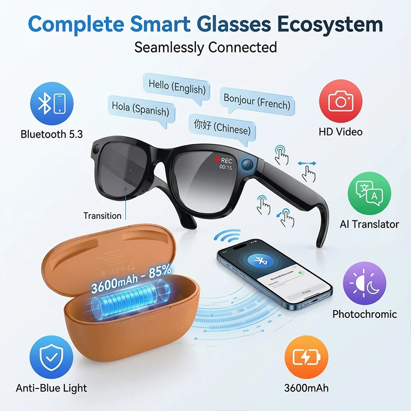 AI Smart-Brille mit Kamera, Foto 2026, kabelloser Bluetooth-Anruf, Sprachassistent, photochrome Sonnenbrille, Ladekoffer, Brillen Image