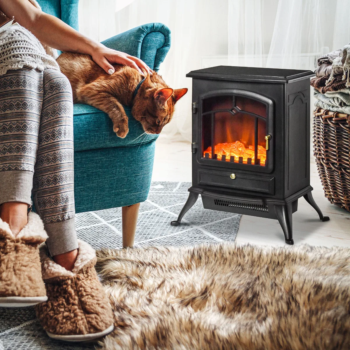 Schwarzer 45×28×54cm Elektrischer Kamin-Heizlüfter, 1000/2000W, Flammeneffekt, Überhitzungsschutz, Gemütliche Atmosphäre