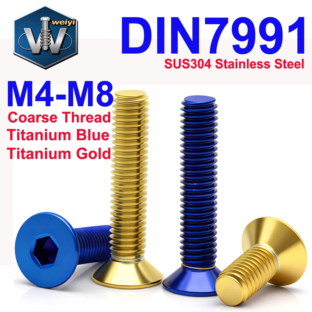 Weiyi M4 M5 M6 M8 DIN7991 SUS304 Edelstahl Innensechskant-Senkkopfschrauben Titanblau und vergoldete Inbusschlüsselschrauben Image