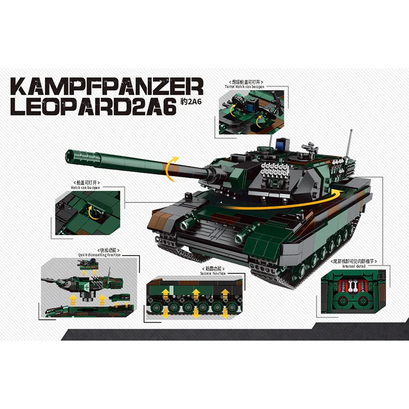 XIBNGBAO 06040 Deutschland WW2 Leopard 2A6 Kampfpanzer 1:30 Modell Crossing the Battlefield Serie DIY Spielzeug Bausteine Image