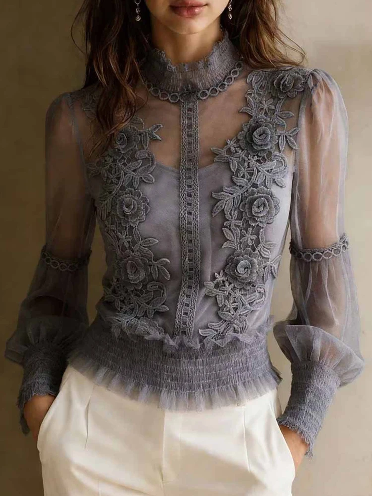 Elegante einfarbige Frühlings-/Sommer-Neuheit: Damen-Oberteile mit stereoskopischem Blumen-Mesh – lässige, langärmlige, schmale Business-Bluse Image